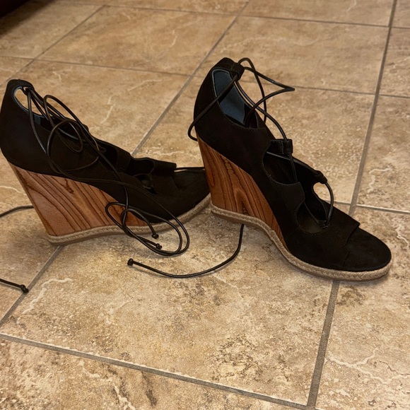 Tory Burch Black Suede Leather Lace Up Tie Tan Wedge Sandal Heels 9.5 - Picture 4 of 14